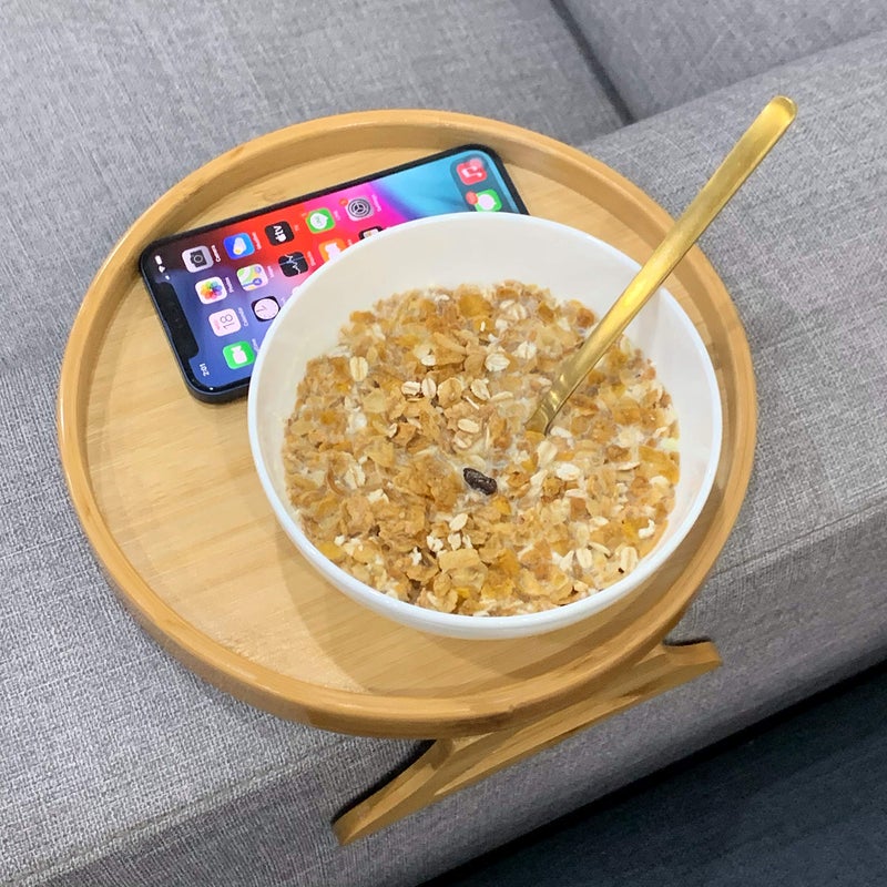 Xchouxer Side Tables Natural Bamboo Sofa Armrest Clip-On Tray, Ideal for Remote/Drinks/Phone (Round) - Image 2